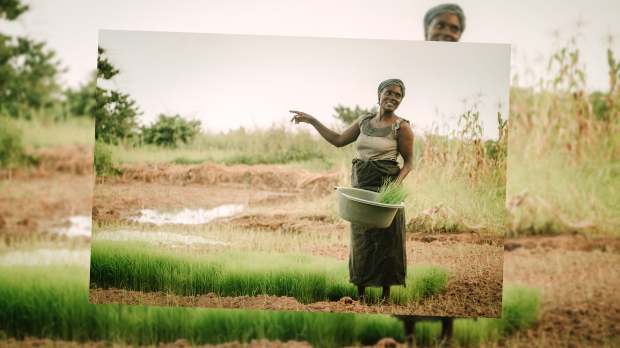 2025 A woman holding a bucket points to a field behind her